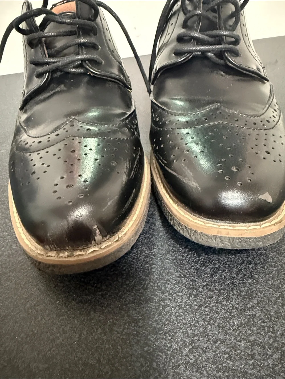 Deer Stags Black Wingtip Brogues with Tan Soles